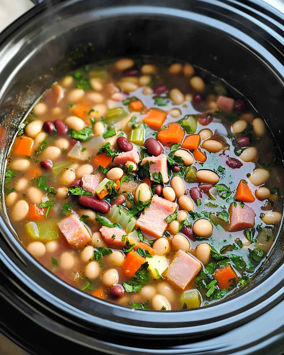 Bowl of slow cooker 15 bean soup with ham, carrots, and celery, garnished with parsley.