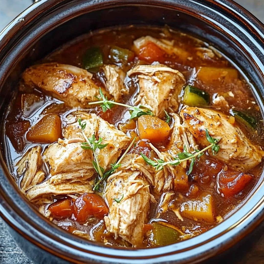 Gluten-free chicken slow cooker meal with carrots, celery, and herbs in a ceramic pot.