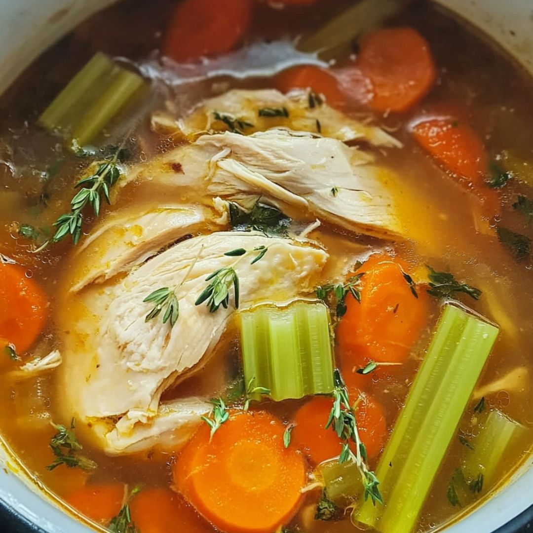 Bowl of slow cooker whole chicken soup with carrots, celery, and shredded chicken, garnished with fresh parsley.